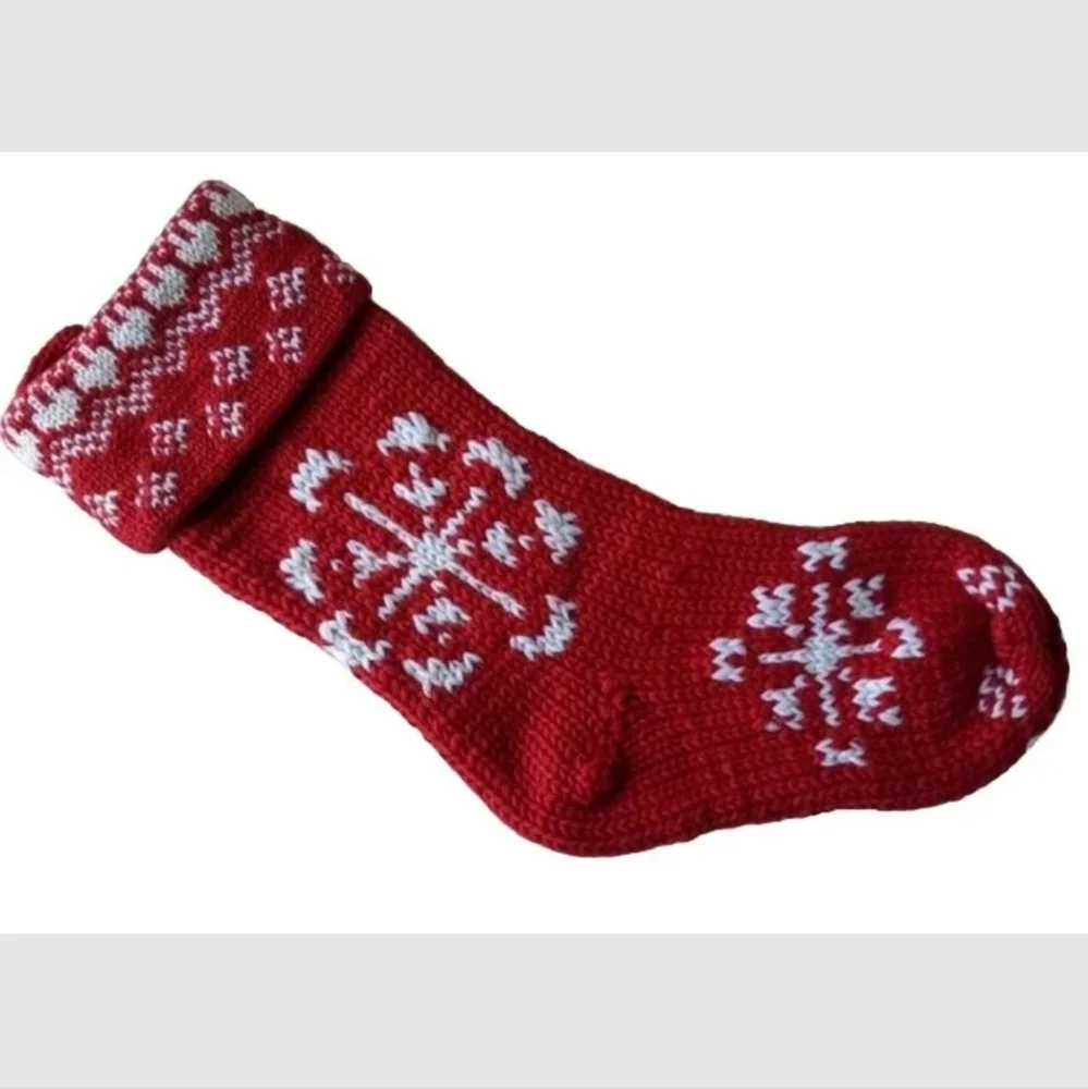 Crate & Barrel SNOWFLAKE Christmas Stocking Hand Knit Wool Red